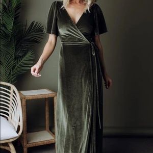Olive Velvet Wrap Maxi Dress, Size Small